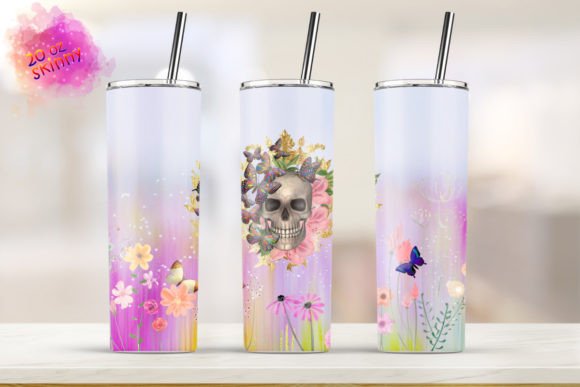 20oz Skinny Tumbler Skull Butterfly