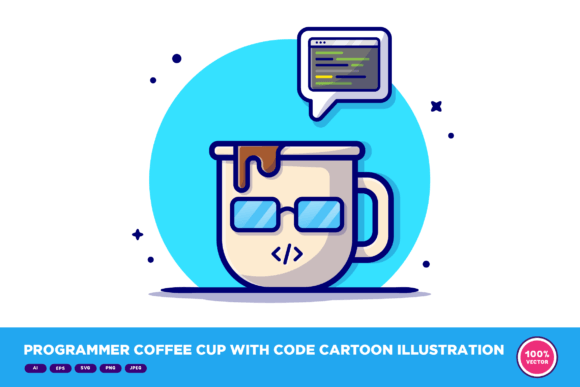 Programmer Coffee Cup with Code Cartoon
